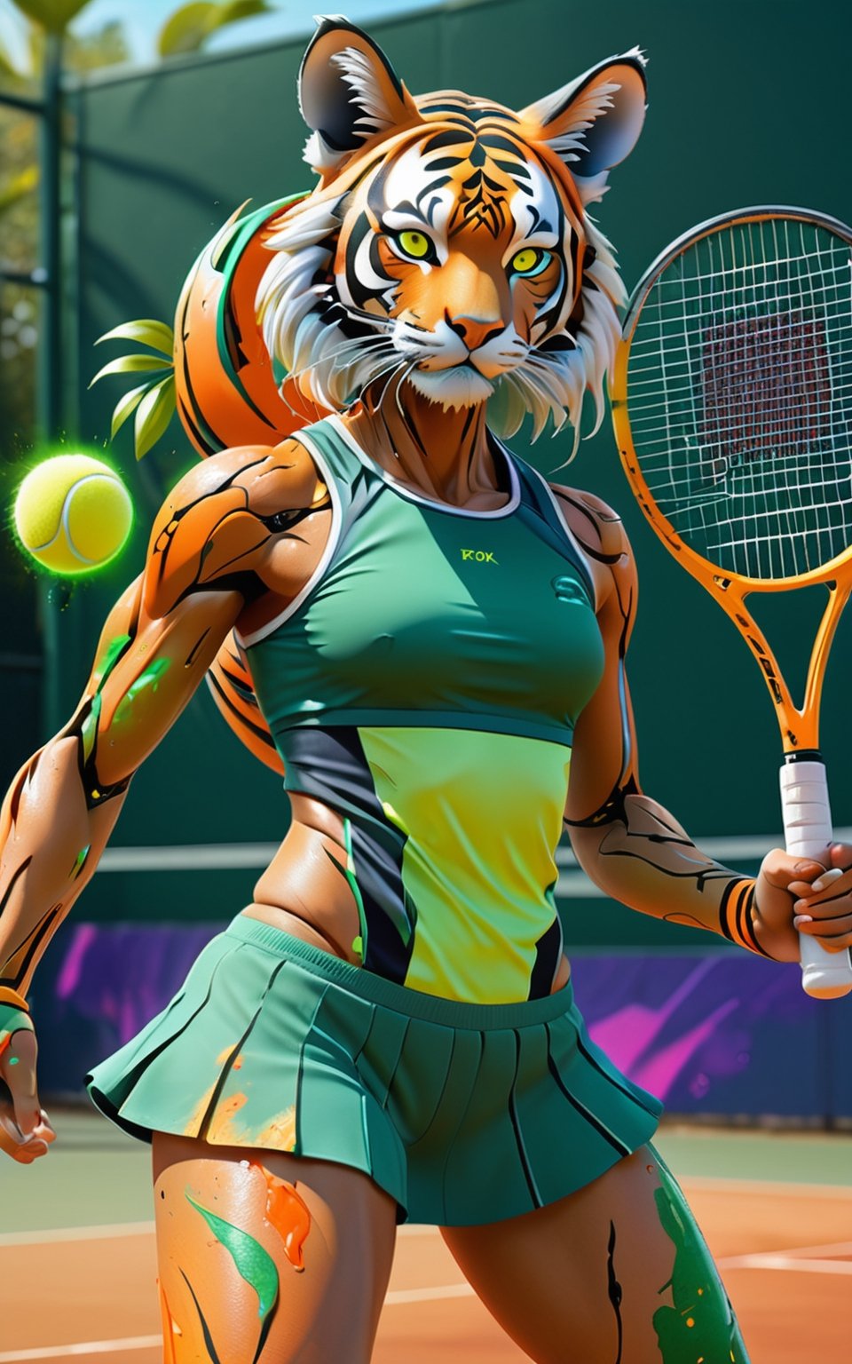 (fullbody:1) of Tiger tennis player in tennis court, (masterpiece:1.1), (highest quality:1.1), (HDR:1.0), extreme quality, cg, (negative space), detailed face+eyes, 1girl, fox ears, (plants:1.18), (fractal art), (bright colors), splashes of color background, colors mashing, paint splatter, complimentary colors, neon, compassionate, electric, limited palette, synthwave, fine art, tan skin, full body, (green and orange:1.2), time stop, sy3, SMM,photo r3al,mecha,DonMCyb3rN3cr0XL 