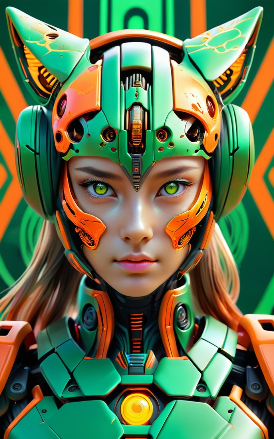 Tiger tennis player in tennis court, (masterpiece:1.1), (highest quality:1.1), (HDR:1.0), extreme quality, cg, (negative space), detailed face+eyes, 1girl, fox ears, (plants:1.18), (fractal art), (bright colors), splashes of color background, colors mashing, paint splatter, complimentary colors, neon, compassionate, electric, limited palette, synthwave, fine art, tan skin, full body, (green and orange:1.2), time stop, sy3, SMM,photo r3al,mecha,DonMCyb3rN3cr0XL 