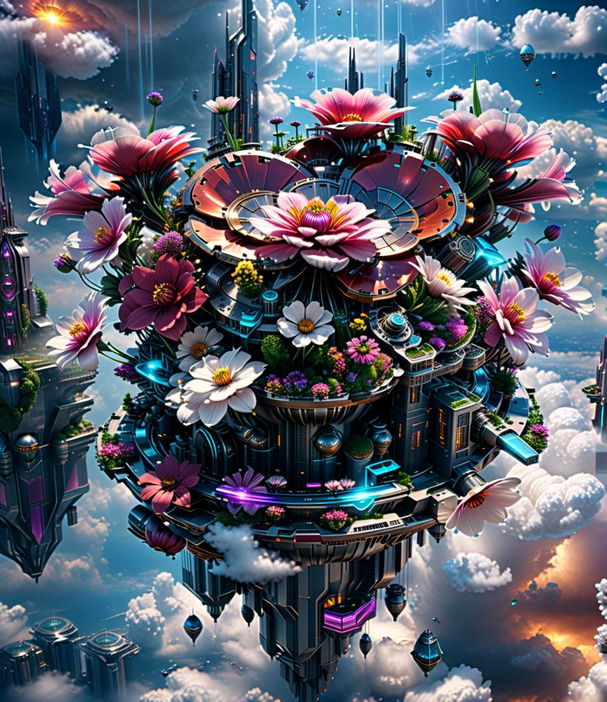 ((best quality)), ((masterpiece)), ((realistic,digital art)), (hyper detailed),DonMM4ch1n3W0rld Gearbox architecture Futuristic flower Cities floating in the sky, around by overwhelming cloud, octane rendering, raytracing, volumetric lighting, Backlit,Rim Lighting, 8K, HDR, Sci-fi 