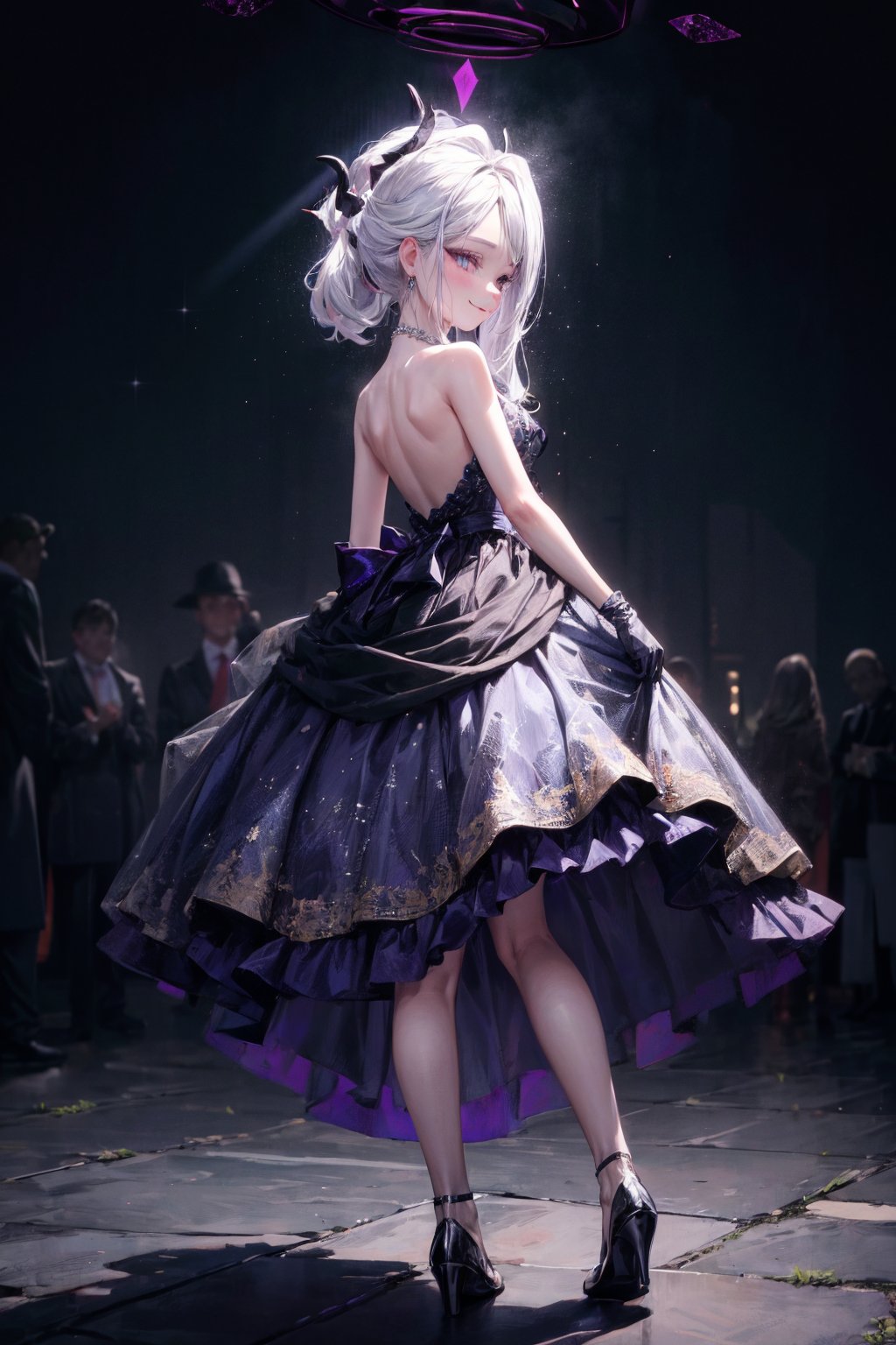 halo, full body, evening dress, with purple gloves, gloves up to the elbows, glitter on the dress, purple dress, very short skirt of the dress, backless, ultra high resolution, 8k, HDR, from behind, face in profile,
glitter on the dress,
smiling,
lifting the skirt with both hands,
gala atmosphere,
detailed face, perfect face, detailed eyes,
defined calves