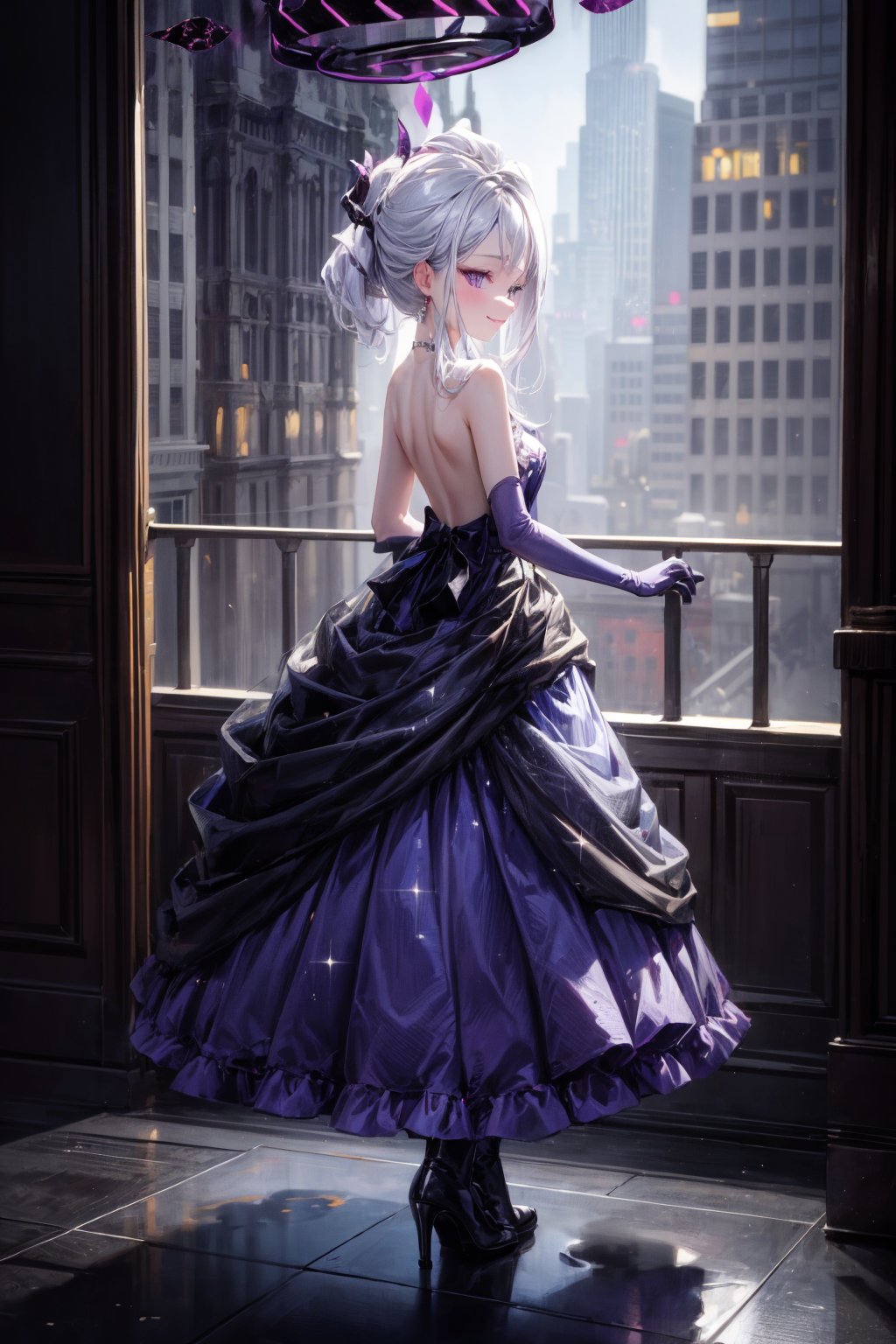 halo, full body, evening dress, with purple gloves, elbow-length gloves, glitter on the dress, purple dress, very short dress, backless, ultra high resolution, 8k, HDr, from behind, face in profile,
glitter on the dress,
smiling,
lifting the skirt with both hands
