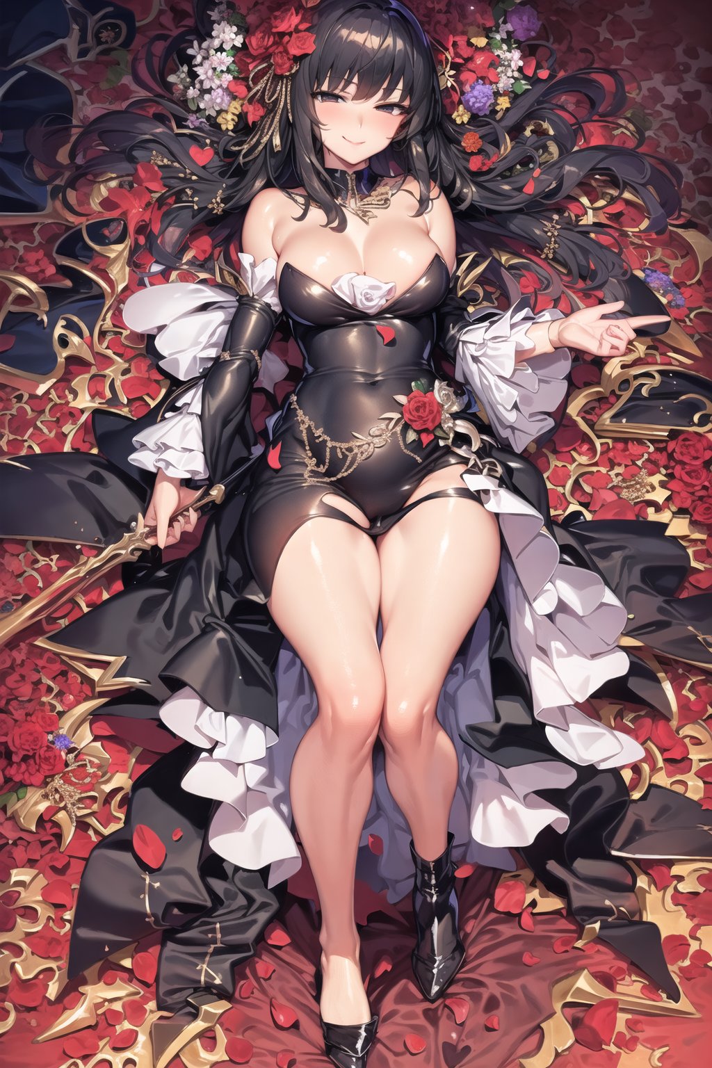 (masterpiece, best quality, ultra detailed), anatomically correct, beautiful face, perfect eyes,
((alone)), red flower petals on the bed, ((evening dress)), smille,
full length, on his back, from above, in bed, in the bedroom,
,fubuki,bambietta basterbine,sui1