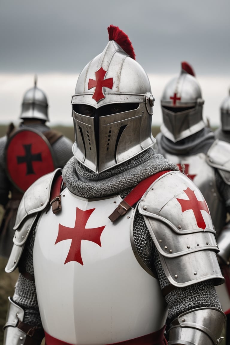 Photorealistic photo of the armor and helmet of a Templar knight, white with a red cross on the chest, standing in line among other knights before battle, with a battlefield background and a grey sky, with depth of field, taken with a 50mm lens ,Extremely Realistic,more detail XL,cinematic style