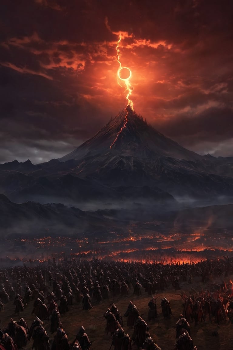 Mordor's dark landscape stretches out before a sea of snarling, snapping Orcs, their tusked faces twisted in savage devotion as they raise crude arms and war-cry 'Sauron!' to the foreboding, crimson-tinged skies. The fiery glow of Mount Doom casts an ominous light upon their ritualistic gathering, as if the very land itself trembles with malevolent energy.