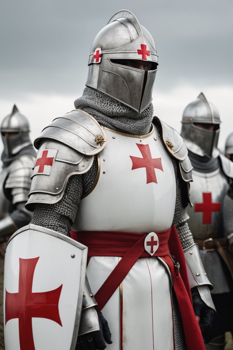 Photorealistic photo of the armor and helmet of a Templar knight, white with a red cross on the chest, standing in line among other knights before battle, with a battlefield background and a grey sky, with depth of field, taken with a 85mm lens ,Extremely Realistic,more detail XL,cinematic style