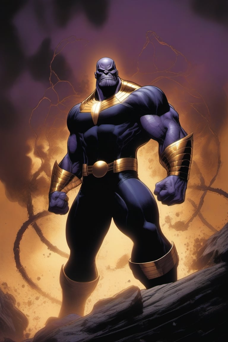 Thanos, imposing anti-hero, action pose, a sleek black symbiotic suit, a monstrous mouth full of sharp teeth, a long tongue, a large white spider symbol on his chest horror, detailed face, Mike deodato style.