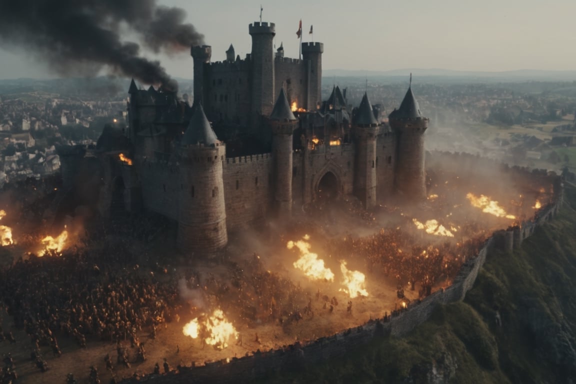 Huge Medieval army besieging behind castle, Fire balls shooting, Action fx, Cinematic lights, chaos place, Camera from above, 4k, UHD,more detail XL