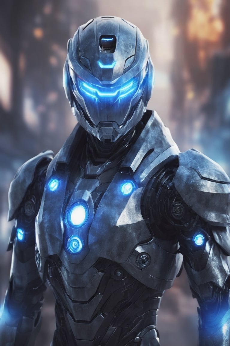 solo, blue eyes, 1boy, upper body, male focus, armor, blurry, blurry background, glowing, helmet, robot, mecha, science fiction, cable, humanoid robot
