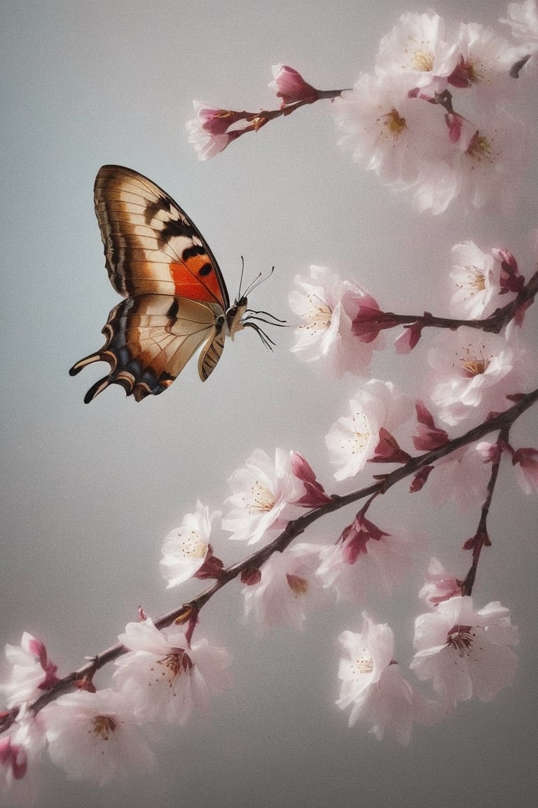 A butterfly landing on a blooming cherry branch
