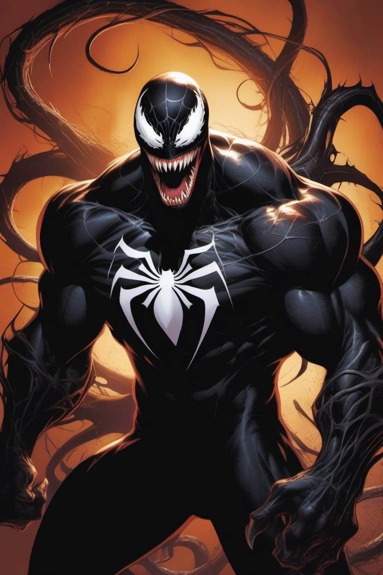 Venom, imposing anti-hero, action pose, a sleek black symbiotic suit, a monstrous mouth full of sharp teeth, a long tongue, a large white spider symbol on his chest horror, detailed face, Mike deodato style.