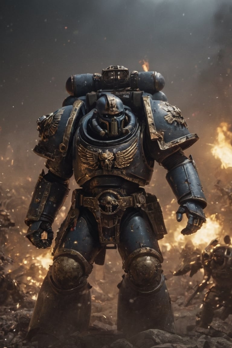 Chaos Space Marine of Warhammer 40k world, Battlefield Behind, UHD, 8k, Photorealistic, Sharp focus, cinematic style, Masterpiece.