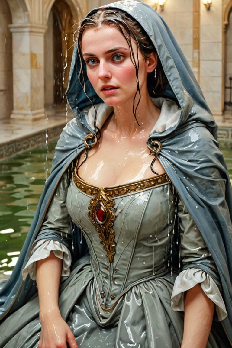 masterpiece, best quality, ultra high resolution, visually stunning, beautiful, award-winning art (abstract art: 1.3), beautiful )))A FULL-LENGTH very detalied full leghn A anime a very beutifful female medieval warhammer style noble, heavy cloak, rotal cloak, Watercolor, trending on artstation, sharp focus, Indoor photo, white tiles background, intricate details, highly detailed, by greg rutkowski ,more detail XL,   wet hair, (bathing in water), ((wet clothes, victorian ballgown, ,((heavy rain, beautiful faces, soakingwetclothes, wet clothes, wet hair, wet skin, :1.3)),soakingwetclothes,, wet skin, wet face, wet robe,, face focused , soakingwetclothes,art_booster,indian,OnlySaree_Style,,hoopdress