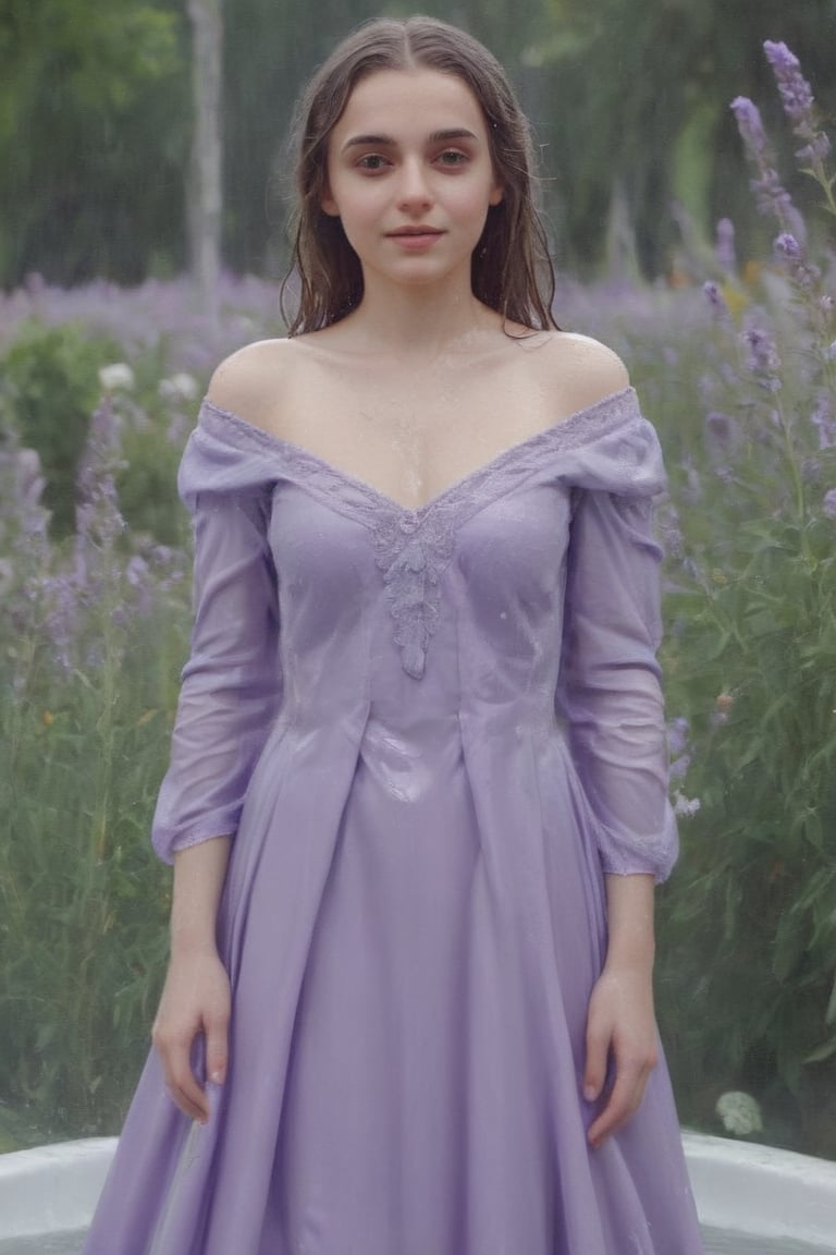 romantic photography upper body shot of a smugly smiling young girl, indigo in a lush lavender graveyard with flowers and birds, 3d render, cgi, symmetrical, octane render, 35mm, bokeh, (intricate details:1.2), hdr, (intricate details, hyperdetailed:1.15), (natural skin texture, hyperrealism, soft light, sharp:1.3), detailed iris,   wet hair, (bathing in water), ((wet clothes, victorian ballgown, ,((heavy rain, beautiful faces, soakingwetclothes, wet clothes, wet hair, wet skin, :1.3)),soakingwetclothes,, wet skin, wet face, wet robe,, face focused , soakingwetclothes,art_booster,indian,OnlySaree_Style,,hoopdress