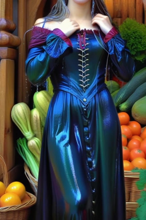 masterpiece, official art, ((ultra detailed)), (ultra quality), high quality, perfect wet face, A wet medieval girl in traditional wet dress, vegetables and fruits, at a farmer's market, mysterious medieval, masterpiece,High detailed,CrclWc,Detail,Half-timbered Construction,INK art,, (wet clothes, wet hair, wet skin, wet, soaked:1.37),. Intricate details, extremely detailed, incredible details, full colored, complex details, hyper maximalist, detailed decoration, detailed lines, best quality, HDR, dynamic lighting, perfect anatomy, realistic, more detail,
,Architectural100,style,soakingwetclothes