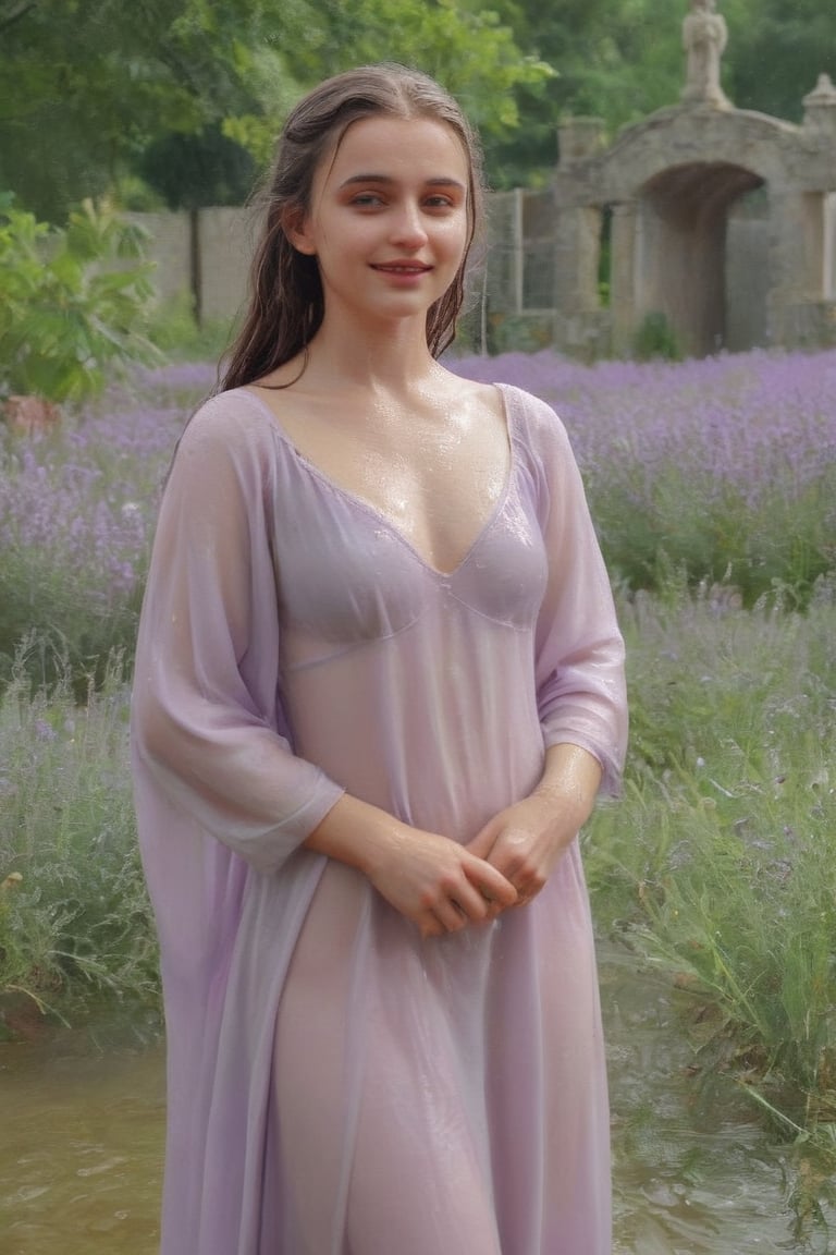 romantic photography upper body shot of a smugly smiling young girl, indigo in a lush lavender graveyard with flowers and birds, 3d render, cgi, symmetrical, octane render, 35mm, bokeh, (intricate details:1.2), hdr, (intricate details, hyperdetailed:1.15), (natural skin texture, hyperrealism, soft light, sharp:1.3), detailed iris,   wet hair, (bathing in water), ((wet clothes, victorian ballgown, ,((heavy rain, beautiful faces, soakingwetclothes, wet clothes, wet hair, wet skin, :1.3)),soakingwetclothes,, wet skin, wet face, wet robe,, face focused , soakingwetclothes,art_booster,indian,OnlySaree_Style,,hoopdress