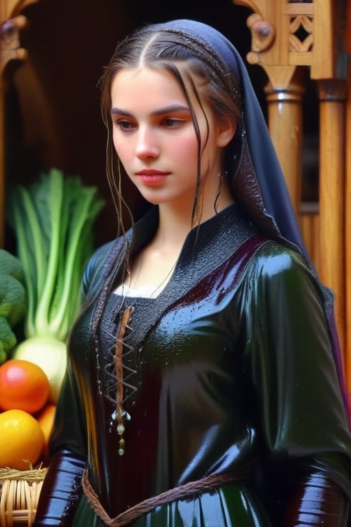 masterpiece, official art, ((ultra detailed)), (ultra quality), high quality, perfect wet face, A wet medieval girl in traditional wet dress, vegetables and fruits, at a farmer's market, mysterious medieval, masterpiece,High detailed,CrclWc,Detail,Half-timbered Construction,INK art,, (wet clothes, wet hair, wet skin, wet, soaked:1.37),. Intricate details, extremely detailed, incredible details, full colored, complex details, hyper maximalist, detailed decoration, detailed lines, best quality, HDR, dynamic lighting, perfect anatomy, realistic, more detail,
,Architectural100,style,soakingwetclothes