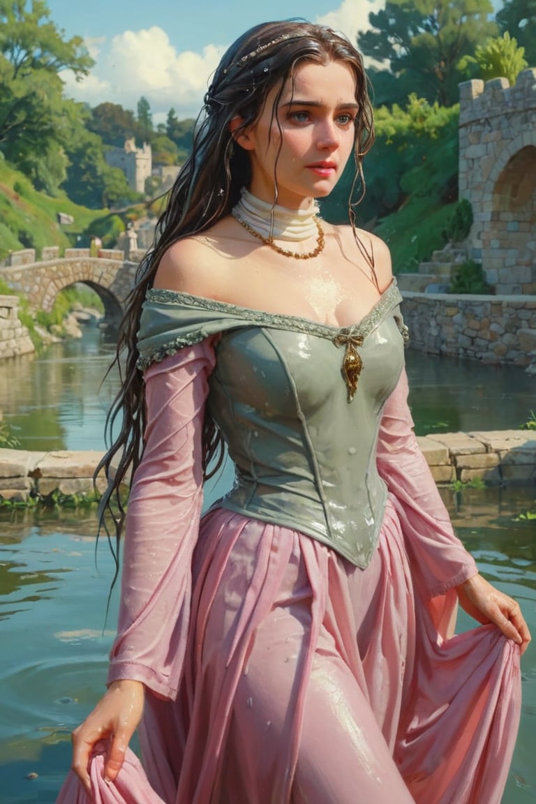 feforrest, otoko no ko, beret, pink capelet,(Analog style),turtleneck, masterpiece, best quality, ((wet robe)), choker,(corset), stone bridge, lake,crown, white ((wet ornate ballgown)), windswept amazing wet long hair,4k,( bokeh),absurdres, professional majestic oil painting by Ed Blinkey, Atey Ghailan, Studio Ghibli, by Jeremy Mann, Greg Manchess, Antonio Moro, trending on ArtStation, trending on CGSociety, trending on deviantart, Intricate, High Detail, Sharp focus, dramatic, photorealistic painting art , Greg Rutkowski,(concept art from tangled),((beautiful faces, soakingwetclothes, wet clothes, wet hair, wet skin, submerged in water,  :1.3)),soakingwetclothes,, wet skin, wet face, wet robe,, face focused
,soakingwetclothes,art_booster,indian,OnlySaree_Style,saree,saree influencer,hoopdress