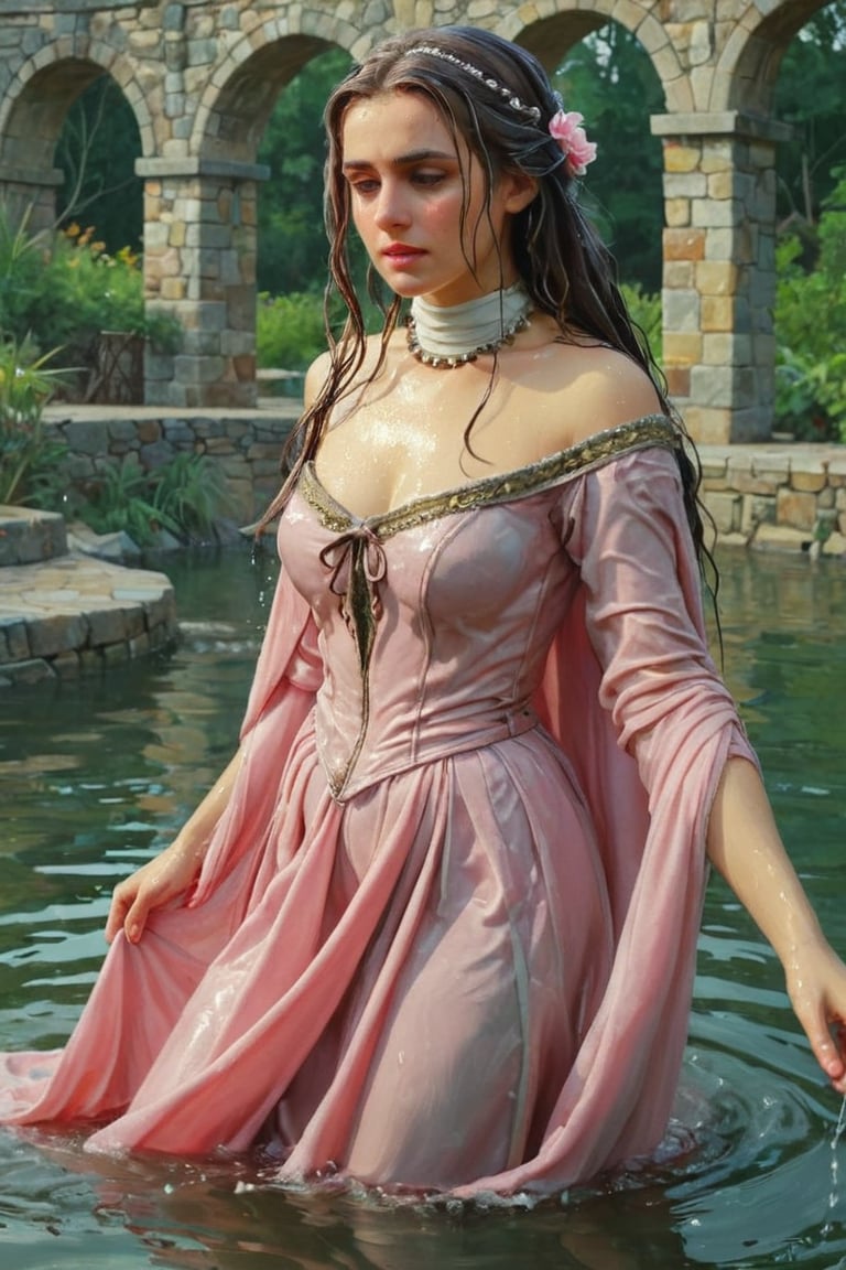 feforrest, otoko no ko, beret, pink capelet,(Analog style),turtleneck, masterpiece, best quality, ((wet robe)), choker,(corset), stone bridge, lake,crown, white ((wet ornate ballgown)), windswept amazing wet long hair,4k,( bokeh),absurdres, professional majestic oil painting by Ed Blinkey, Atey Ghailan, Studio Ghibli, by Jeremy Mann, Greg Manchess, Antonio Moro, trending on ArtStation, trending on CGSociety, trending on deviantart, Intricate, High Detail, Sharp focus, dramatic, photorealistic painting art , Greg Rutkowski,(concept art from tangled),((beautiful faces, soakingwetclothes, wet clothes, wet hair, wet skin, submerged in water,  :1.3)),soakingwetclothes,, wet skin, wet face, wet robe,, face focused
,soakingwetclothes,art_booster,indian,OnlySaree_Style,saree,saree influencer,hoopdress