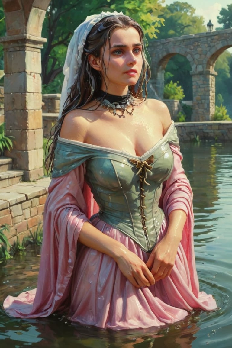 feforrest, otoko no ko, beret, pink capelet,(Analog style),turtleneck, masterpiece, best quality, ((wet robe)), choker,(corset), stone bridge, lake,crown, white ((wet ornate ballgown)), windswept amazing wet long hair,4k,( bokeh),absurdres, professional majestic oil painting by Ed Blinkey, Atey Ghailan, Studio Ghibli, by Jeremy Mann, Greg Manchess, Antonio Moro, trending on ArtStation, trending on CGSociety, trending on deviantart, Intricate, High Detail, Sharp focus, dramatic, photorealistic painting art , Greg Rutkowski,(concept art from tangled),((beautiful faces, soakingwetclothes, wet clothes, wet hair, wet skin, submerged in water,  :1.3)),soakingwetclothes,, wet skin, wet face, wet robe,, face focused
,soakingwetclothes,art_booster,indian,OnlySaree_Style,saree,saree influencer,hoopdress