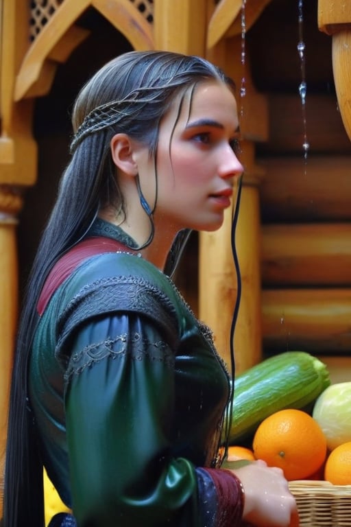 masterpiece, official art, ((ultra detailed)), (ultra quality), high quality, perfect wet face, A wet medieval girl in traditional wet dress, vegetables and fruits, at a farmer's market, mysterious medieval, masterpiece,High detailed,CrclWc,Detail,Half-timbered Construction,INK art,, (wet clothes, wet hair, wet skin, wet, soaked:1.37),. Intricate details, extremely detailed, incredible details, full colored, complex details, hyper maximalist, detailed decoration, detailed lines, best quality, HDR, dynamic lighting, perfect anatomy, realistic, more detail,
,Architectural100,style,soakingwetclothes