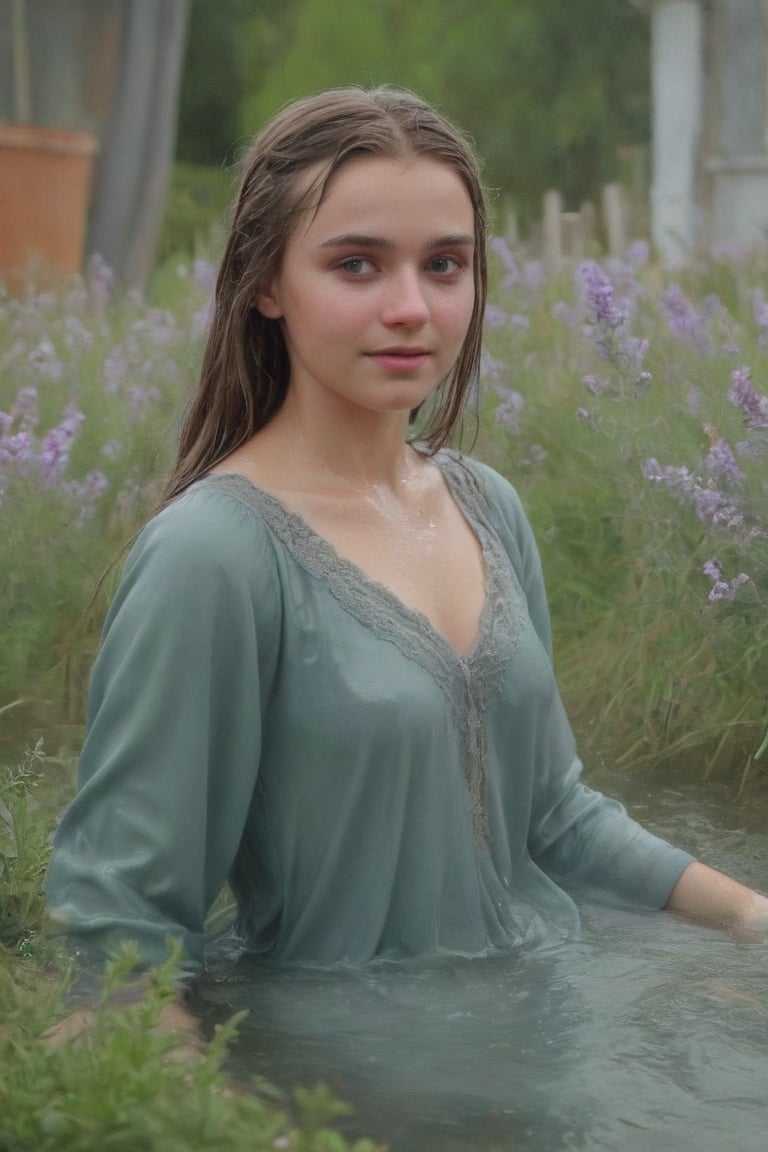 romantic photography upper body shot of a smugly smiling young girl, indigo in a lush lavender graveyard with flowers and birds, 3d render, cgi, symmetrical, octane render, 35mm, bokeh, (intricate details:1.2), hdr, (intricate details, hyperdetailed:1.15), (natural skin texture, hyperrealism, soft light, sharp:1.3), detailed iris,   wet hair, (bathing in water), ((wet clothes, victorian ballgown, ,((heavy rain, beautiful faces, soakingwetclothes, wet clothes, wet hair, wet skin, :1.3)),soakingwetclothes,, wet skin, wet face, wet robe,, face focused , soakingwetclothes,art_booster,indian,OnlySaree_Style,,hoopdress