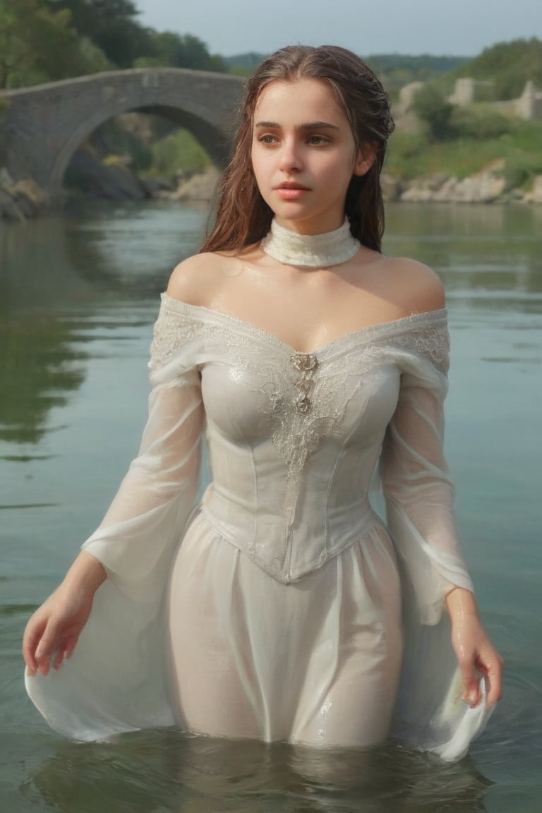 feforrest, otoko no ko, beret, pink capelet,(Analog style),turtleneck, masterpiece, best quality, ((wet robe)), choker,(corset), stone bridge, lake,crown, white ((wet ornate ballgown)), windswept amazing wet long hair,4k,( bokeh),absurdres, professional majestic oil painting by Ed Blinkey, Atey Ghailan, Studio Ghibli, by Jeremy Mann, Greg Manchess, Antonio Moro, trending on ArtStation, trending on CGSociety, trending on deviantart, Intricate, High Detail, Sharp focus, dramatic, photorealistic painting art , Greg Rutkowski,(concept art from tangled),((beautiful faces, soakingwetclothes, wet clothes, wet hair, wet skin, submerged in water,  :1.3)),soakingwetclothes,, wet skin, wet face, wet robe,, face focused
,soakingwetclothes,art_booster,indian,OnlySaree_Style,saree,saree influencer,hoopdress