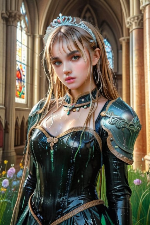 masterpiece, official art, ((ultra detailed)), (ultra quality), high quality, perfect face, 1 wet girl with long hair, blond-green wet hair with bangs, bronze eyes, detailed face, wearing a fancy ornate (((folk ballgown dress))), shoulder armor, armor, glove, hairband, hair accessories, striped, (wet clothes, wet hair, wet skin, holding the great weapon:1.37), jewelery, thighhighs, pauldrons, side slit, capelet, vertical stripes, looking at viewer, fantastical and ethereal scenery, daytime, church, grass, flowers. Intricate details, extremely detailed, incredible details, full colored, complex details, hyper maximalist, detailed decoration, detailed lines, best quality, HDR, dynamic lighting, perfect anatomy, realistic, more detail,
,Architectural100,style,soakingwetclothes