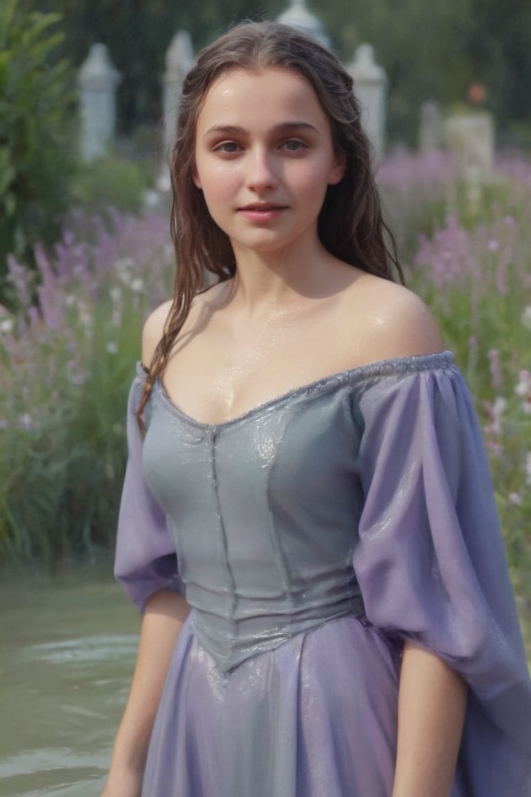 romantic photography upper body shot of a smugly smiling young girl, indigo in a lush lavender graveyard with flowers and birds, 3d render, cgi, symmetrical, octane render, 35mm, bokeh, (intricate details:1.2), hdr, (intricate details, hyperdetailed:1.15), (natural skin texture, hyperrealism, soft light, sharp:1.3), detailed iris,   wet hair, (bathing in water), ((wet clothes, victorian ballgown, ,((heavy rain, beautiful faces, soakingwetclothes, wet clothes, wet hair, wet skin, :1.3)),soakingwetclothes,, wet skin, wet face, wet robe,, face focused , soakingwetclothes,art_booster,indian,OnlySaree_Style,,hoopdress