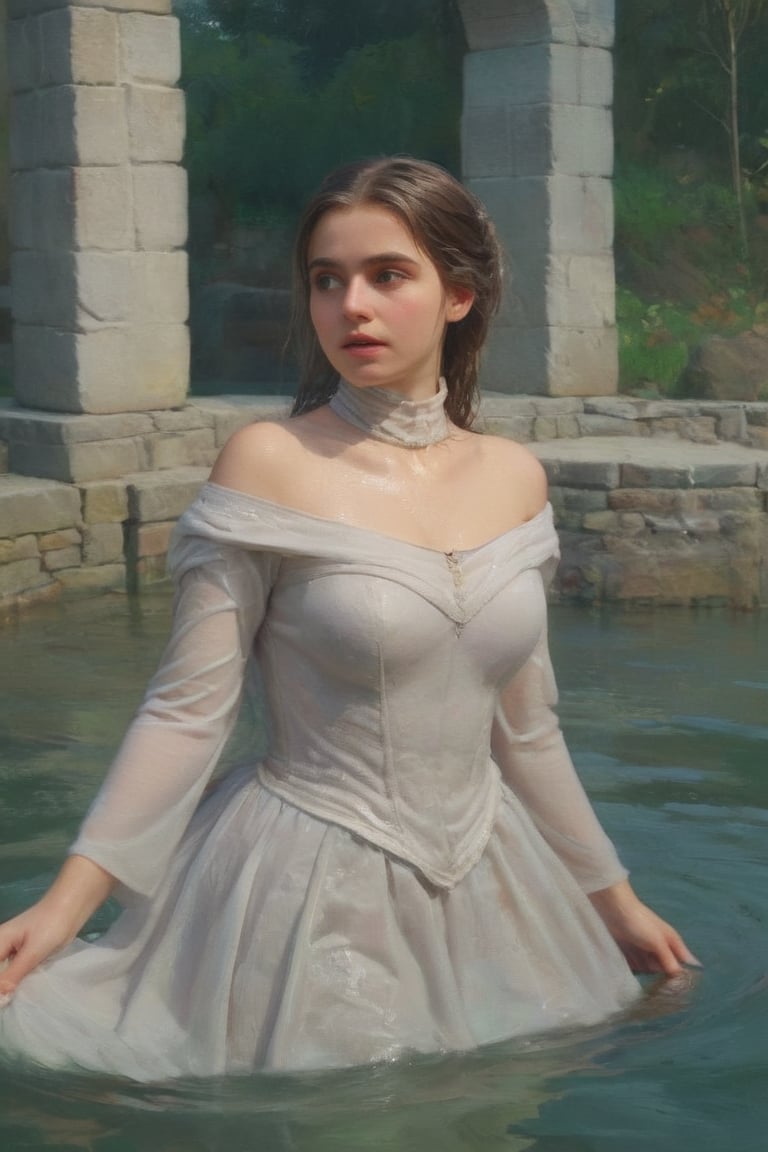 feforrest, otoko no ko, beret, pink capelet,(Analog style),turtleneck, masterpiece, best quality, ((wet robe)), choker,(corset), stone bridge, lake,crown, white ((wet ornate ballgown)), windswept amazing wet long hair,4k,( bokeh),absurdres, professional majestic oil painting by Ed Blinkey, Atey Ghailan, Studio Ghibli, by Jeremy Mann, Greg Manchess, Antonio Moro, trending on ArtStation, trending on CGSociety, trending on deviantart, Intricate, High Detail, Sharp focus, dramatic, photorealistic painting art , Greg Rutkowski,(concept art from tangled),((beautiful faces, soakingwetclothes, wet clothes, wet hair, wet skin, submerged in water,  :1.3)),soakingwetclothes,, wet skin, wet face, wet robe,, face focused
,soakingwetclothes,art_booster,indian,OnlySaree_Style,saree,saree influencer,hoopdress