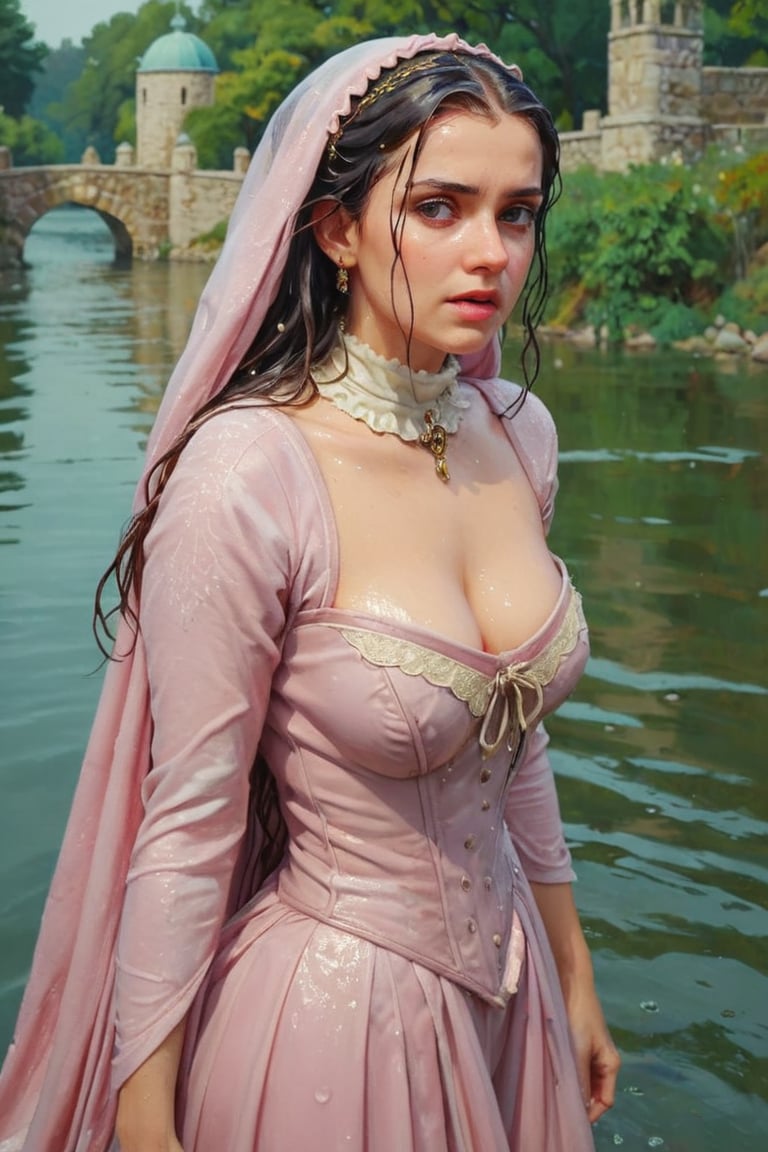 feforrest, otoko no ko, beret, pink capelet,(Analog style),turtleneck, masterpiece, best quality, ((wet robe)), choker,(corset), stone bridge, lake,crown, white ((wet ornate ballgown)), windswept amazing wet long hair,4k,( bokeh),absurdres, professional majestic oil painting by Ed Blinkey, Atey Ghailan, Studio Ghibli, by Jeremy Mann, Greg Manchess, Antonio Moro, trending on ArtStation, trending on CGSociety, trending on deviantart, Intricate, High Detail, Sharp focus, dramatic, photorealistic painting art , Greg Rutkowski,(concept art from tangled),((beautiful faces, soakingwetclothes, wet clothes, wet hair, wet skin, submerged in water,  :1.3)),soakingwetclothes,, wet skin, wet face, wet robe,, face focused
,soakingwetclothes,art_booster,indian,OnlySaree_Style,saree,saree influencer,hoopdress