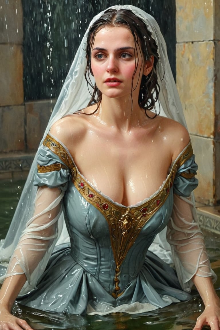 masterpiece, best quality, ultra high resolution, visually stunning, beautiful, award-winning art (abstract art: 1.3), beautiful )))A FULL-LENGTH very detalied full leghn A anime a very beutifful female medieval warhammer style noble, Watercolor, trending on artstation, sharp focus, studio photo, intricate details, highly detailed, by greg rutkowski ,more detail XL,   wet hair, (bathing in water), ((wet clothes, victorian ballgown, ,((heavy rain, beautiful faces, soakingwetclothes, wet clothes, wet hair, wet skin, :1.3)),soakingwetclothes,, wet skin, wet face, wet robe,, face focused , soakingwetclothes,art_booster,indian,OnlySaree_Style,,hoopdress