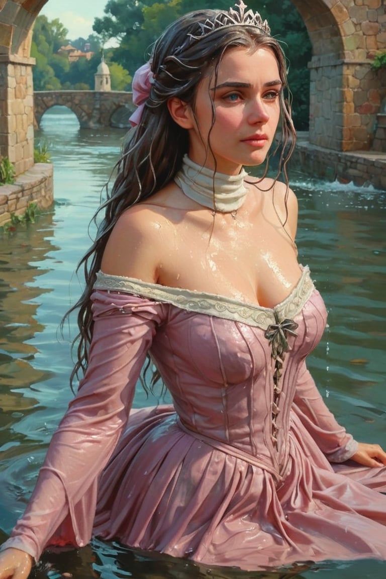 feforrest, otoko no ko, beret, pink capelet,(Analog style),turtleneck, masterpiece, best quality, ((wet robe)), choker,(corset), stone bridge, lake,crown, white ((wet ornate ballgown)), windswept amazing wet long hair,4k,( bokeh),absurdres, professional majestic oil painting by Ed Blinkey, Atey Ghailan, Studio Ghibli, by Jeremy Mann, Greg Manchess, Antonio Moro, trending on ArtStation, trending on CGSociety, trending on deviantart, Intricate, High Detail, Sharp focus, dramatic, photorealistic painting art , Greg Rutkowski,(concept art from tangled),((beautiful faces, soakingwetclothes, wet clothes, wet hair, wet skin, submerged in water,  :1.3)),soakingwetclothes,, wet skin, wet face, wet robe,, face focused
,soakingwetclothes,art_booster,indian,OnlySaree_Style,saree,saree influencer,hoopdress