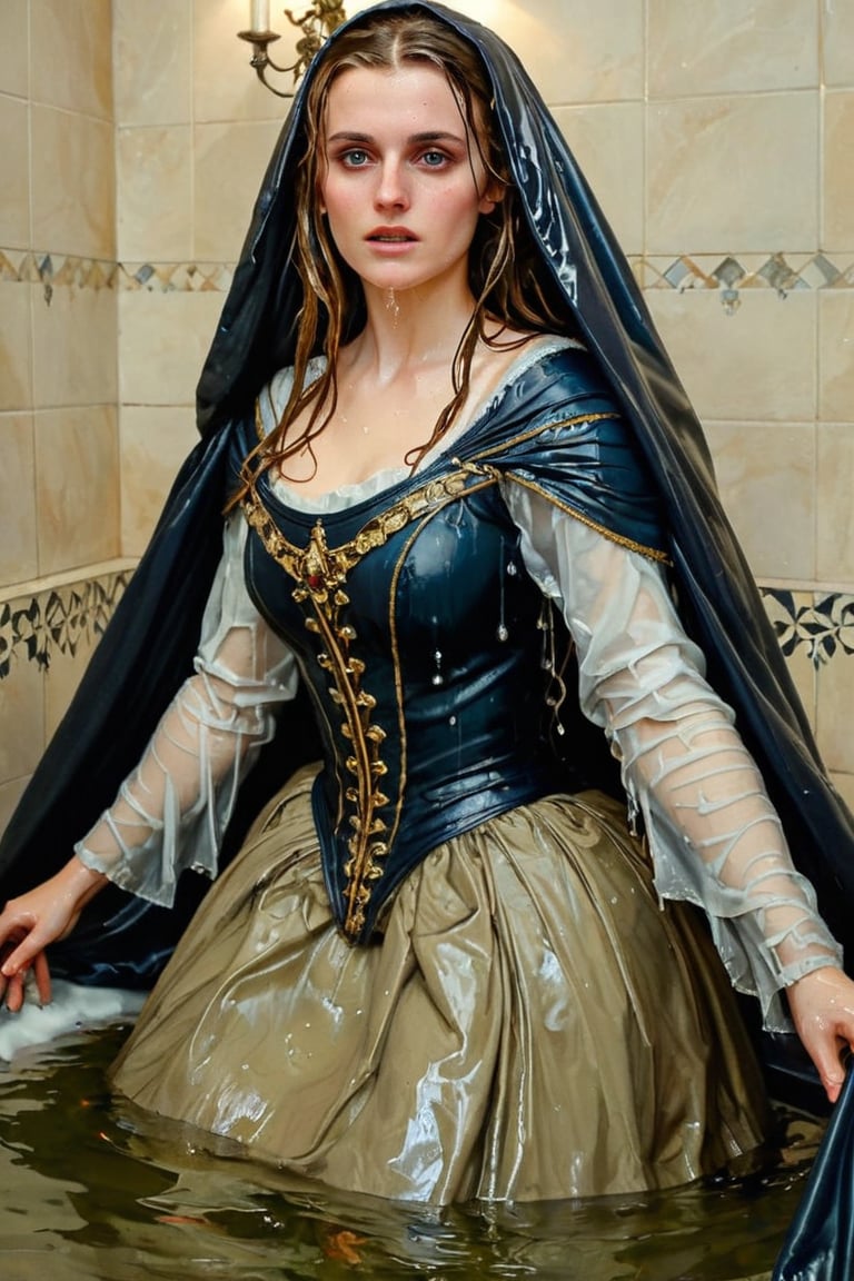masterpiece, best quality, ultra high resolution, visually stunning, beautiful, award-winning art (abstract art: 1.3), beautiful )))A FULL-LENGTH very detalied full leghn A anime a very beutifful female medieval warhammer style noble, heavy cloak, rotal cloak, Watercolor, trending on artstation, sharp focus, Indoor photo, white tiles background, intricate details, highly detailed, by greg rutkowski ,more detail XL,   wet hair, (bathing in water), ((wet clothes, victorian ballgown, ,((heavy rain, beautiful faces, soakingwetclothes, wet clothes, wet hair, wet skin, submerged in soap:1.3)),soakingwetclothes,, wet skin, wet face, wet robe,, face focused , soakingwetclothes,art_booster,indian,OnlySaree_Style,,hoopdress