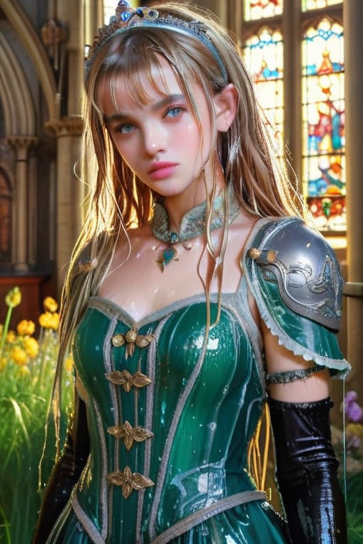 masterpiece, official art, ((ultra detailed)), (ultra quality), high quality, perfect face, 1 wet girl with long hair, blond-green wet hair with bangs, bronze eyes, detailed face, wearing a fancy ornate (((folk ballgown dress))), shoulder armor, febric armor, glove, hairband, hair accessories, striped, (wet clothes, wet hair, wet skin, holding the great weapon:1.37), jewelery, thighhighs, pauldrons, side slit, capelet, vertical stripes, looking at viewer, fantastical and ethereal scenery, daytime, church, grass, flowers. Intricate details, extremely detailed, incredible details, full colored, complex details, hyper maximalist, detailed decoration, detailed lines, best quality, HDR, dynamic lighting, perfect anatomy, realistic, more detail,
,Architectural100,style,soakingwetclothes