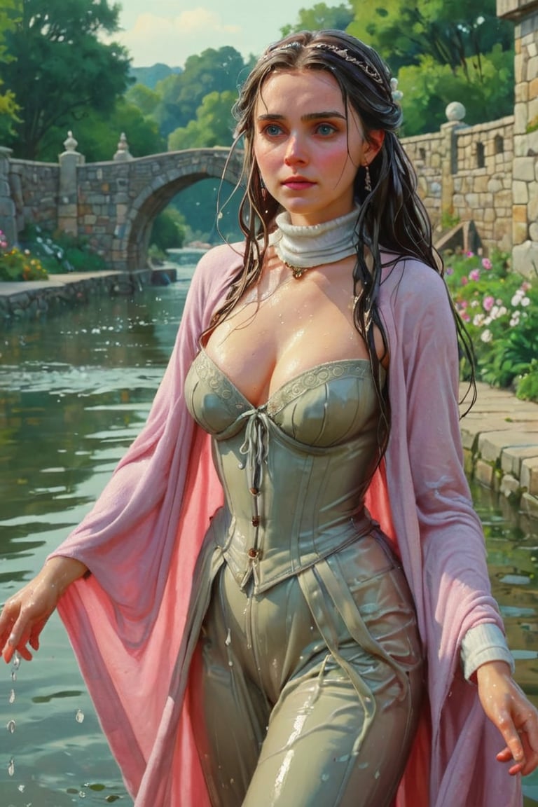 feforrest, otoko no ko, beret, pink capelet,(Analog style),turtleneck, masterpiece, best quality, ((wet robe)), choker,(corset), stone bridge, lake,crown, white ((wet ornate ballgown)), windswept amazing wet long hair,4k,( bokeh),absurdres, professional majestic oil painting by Ed Blinkey, Atey Ghailan, Studio Ghibli, by Jeremy Mann, Greg Manchess, Antonio Moro, trending on ArtStation, trending on CGSociety, trending on deviantart, Intricate, High Detail, Sharp focus, dramatic, photorealistic painting art , Greg Rutkowski,(concept art from tangled),((beautiful faces, soakingwetclothes, wet clothes, wet hair, wet skin, :1.3)),soakingwetclothes,, wet skin, wet face, wet robe,, face focused
,soakingwetclothes,art_booster,indian,OnlySaree_Style,saree,saree influencer