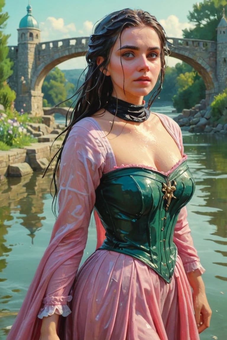 feforrest, otoko no ko, beret, pink capelet,(Analog style),turtleneck, masterpiece, best quality, ((wet robe)), choker,(corset), stone bridge, lake,crown, white ((wet ornate ballgown)), windswept amazing wet long hair,4k,( bokeh),absurdres, professional majestic oil painting by Ed Blinkey, Atey Ghailan, Studio Ghibli, by Jeremy Mann, Greg Manchess, Antonio Moro, trending on ArtStation, trending on CGSociety, trending on deviantart, Intricate, High Detail, Sharp focus, dramatic, photorealistic painting art , Greg Rutkowski,(concept art from tangled),((beautiful faces, soakingwetclothes, wet clothes, wet hair, wet skin, submerged in water,  :1.3)),soakingwetclothes,, wet skin, wet face, wet robe,, face focused
,soakingwetclothes,art_booster,indian,OnlySaree_Style,saree,saree influencer,hoopdress