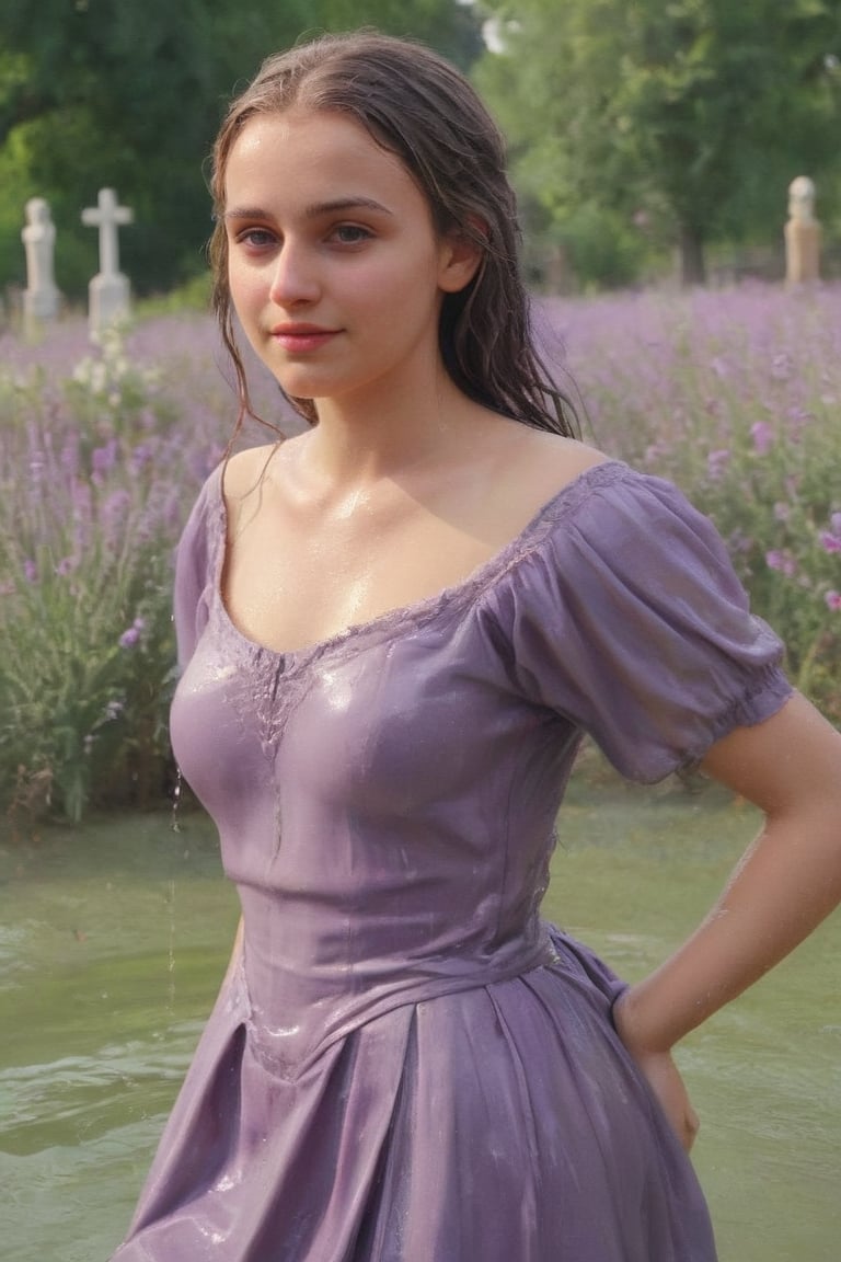 romantic photography upper body shot of a smugly smiling young girl, indigo in a lush lavender graveyard with flowers and birds, 3d render, cgi, symmetrical, octane render, 35mm, bokeh, (intricate details:1.2), hdr, (intricate details, hyperdetailed:1.15), (natural skin texture, hyperrealism, soft light, sharp:1.3), detailed iris,   wet hair, (bathing in water), ((wet clothes, victorian ballgown, ,((heavy rain, beautiful faces, soakingwetclothes, wet clothes, wet hair, wet skin, :1.3)),soakingwetclothes,, wet skin, wet face, wet robe,, face focused , soakingwetclothes,art_booster,indian,OnlySaree_Style,,hoopdress