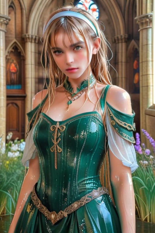 masterpiece, official art, ((ultra detailed)), (ultra quality), high quality, perfect face, 1 wet girl with long hair, blond-green wet hair with bangs, bronze eyes, detailed face, wearing a fancy ornate (((folk ballgown dress))), shoulder armor, febric armor, glove, hairband, hair accessories, striped, (wet clothes, wet hair, wet skin, holding the great weapon:1.37), jewelery, thighhighs, pauldrons, side slit, capelet, vertical stripes, looking at viewer, fantastical and ethereal scenery, daytime, church, grass, flowers. Intricate details, extremely detailed, incredible details, full colored, complex details, hyper maximalist, detailed decoration, detailed lines, best quality, HDR, dynamic lighting, perfect anatomy, realistic, more detail,
,Architectural100,style,soakingwetclothes
