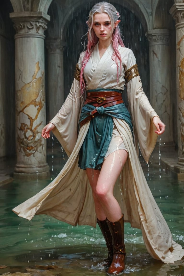 breathtaking RAW photo of wet female ((THigh quality concept art portrait featuring a fantastic and beautiful and fair 18 years old whit wet Silver pink hair and Hazel eyes Caucasian o lot of color Elven women(Bella Delphine) whit drawn on weathered parchment, using lord of the rings or dungeons and dragons, character sheet, perfect wet anatomy, parchment serves as a canvas decorated with ancient runes, made by hand. sketches drawn, by Boris Vallejo, high details, )), dark and moody style, perfect wet face, outstretched perfect hands . masterpiece, professional, award-winning, intricate details, ultra high detailed, 64k, dramatic light, volumetric light, dynamic lighting, Epic, splash art .. ), by james jean $, roby dwi antono $, ross tran $. francis bacon $, michal mraz $, adrian ghenie $, petra cortright $, gerhard richter $, takato yamamoto $, ashley wood, tense atmospheric, , , , sooyaaa,IMGFIX,Comic Book-Style,Movie Aesthetic,action shot,photo r3al,bad quality image,oil painting, cinematic moviemaker style,Japan Vibes,H effect,koh_yunjung ,koh_yunjung,kwon-nara,sooyaaa,colorful,bones,,armor,han-hyoju-xl ,DonMn1ghtm4reXL, ct-fujiii ,oiran,furisode,ct-jeniiii, ct-goeuun,yaya, HanFu,golden kimono,kamado nezuko,sword maiden,theresa apocalypse,koling,ct-rosseeiiee,ct-rosseeiiee,ct-virtual,((soakingwetclothes, wet clothes, wet hair, wet skin, :1.3)),soakingwetclothes,, wet skin, wet face, wet ballgown, boots, wet robe, layered longskirt, face focused
,soakingwetclothes,art_booster,indian