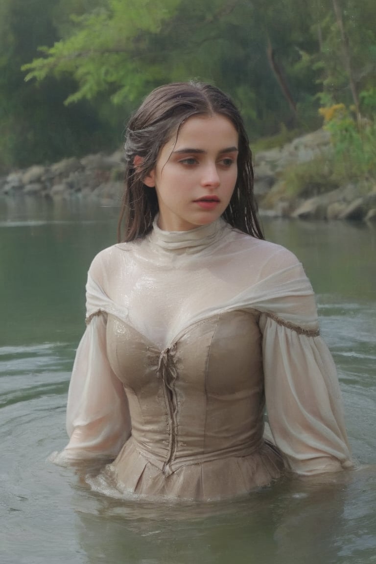 feforrest, otoko no ko, beret, pink capelet,(Analog style),turtleneck, masterpiece, best quality, ((wet robe)), choker,(corset), stone bridge, lake,crown, white ((wet ornate ballgown)), windswept amazing wet long hair,4k,( bokeh),absurdres, professional majestic oil painting by Ed Blinkey, Atey Ghailan, Studio Ghibli, by Jeremy Mann, Greg Manchess, Antonio Moro, trending on ArtStation, wet dark hair, trending on CGSociety, trending on deviantart, Intricate, High Detail, Sharp focus, dramatic, photorealistic painting art , Greg Rutkowski,(concept art from tangled),((beautiful faces, soakingwetclothes, wet clothes, wet hair, wet skin, submerged in water,  :1.3)),soakingwetclothes,, wet skin, wet face, wet robe,, face focused
,soakingwetclothes,art_booster,indian,OnlySaree_Style,saree,saree influencer,hoopdress