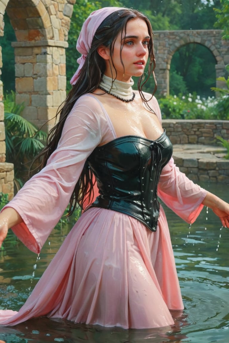 feforrest, otoko no ko, beret, pink capelet,(Analog style),turtleneck, masterpiece, best quality, ((wet robe)), choker,(corset), stone bridge, lake,crown, white ((wet ornate ballgown)), windswept amazing wet long hair,4k,( bokeh),absurdres, professional majestic oil painting by Ed Blinkey, Atey Ghailan, Studio Ghibli, by Jeremy Mann, Greg Manchess, Antonio Moro, trending on ArtStation, trending on CGSociety, trending on deviantart, Intricate, High Detail, Sharp focus, dramatic, photorealistic painting art , Greg Rutkowski,(concept art from tangled),((beautiful faces, soakingwetclothes, wet clothes, wet hair, wet skin, submerged in water,  :1.3)),soakingwetclothes,, wet skin, wet face, wet robe,, face focused
,soakingwetclothes,art_booster,indian,OnlySaree_Style,saree,saree influencer,hoopdress