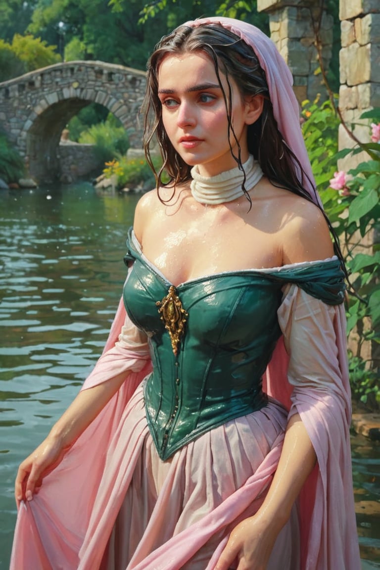 feforrest, otoko no ko, beret, pink capelet,(Analog style),turtleneck, masterpiece, best quality, ((wet robe)), choker,(corset), stone bridge, lake,crown, white ((wet ornate ballgown)), windswept amazing wet long hair,4k,( bokeh),absurdres, professional majestic oil painting by Ed Blinkey, Atey Ghailan, Studio Ghibli, by Jeremy Mann, Greg Manchess, Antonio Moro, trending on ArtStation, trending on CGSociety, trending on deviantart, Intricate, High Detail, Sharp focus, dramatic, photorealistic painting art , Greg Rutkowski,(concept art from tangled),((beautiful faces, soakingwetclothes, wet clothes, wet hair, wet skin, submerged in water,  :1.3)),soakingwetclothes,, wet skin, wet face, wet robe,, face focused
,soakingwetclothes,art_booster,indian,OnlySaree_Style,saree,saree influencer,hoopdress