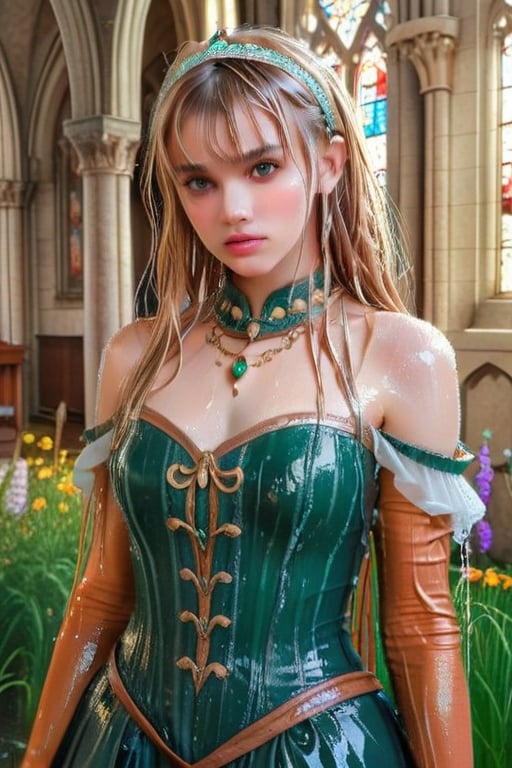 masterpiece, official art, ((ultra detailed)), (ultra quality), high quality, perfect face, 1 wet girl with long hair, blond-green wet hair with bangs, bronze eyes, detailed face, wearing a fancy ornate (((folk ballgown dress))), shoulder armor, febric armor, glove, hairband, hair accessories, striped, (wet clothes, wet hair, wet skin, holding the great weapon:1.37), jewelery, thighhighs, pauldrons, side slit, capelet, vertical stripes, looking at viewer, fantastical and ethereal scenery, daytime, church, grass, flowers. Intricate details, extremely detailed, incredible details, full colored, complex details, hyper maximalist, detailed decoration, detailed lines, best quality, HDR, dynamic lighting, perfect anatomy, realistic, more detail,
,Architectural100,style,soakingwetclothes