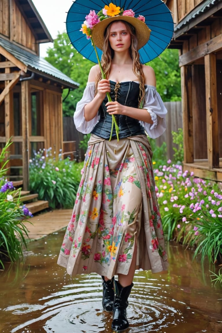 An concept art of an ethereal wet irish alchemist , portrait of a beautiful woman. .A wet girl wearing a wet floral dress, a flowered hat, and holding a flower buket. Capturing the essence of Manet's 'Spring', dripping wet hair, ,Masterpiece,Half-timbered Construction,, wet skin, wet face, wet heavy longskirt, boots,  .
(masterpiece, top quality, best quality, official art, beautiful and aesthetic:1.2), extreme detailed, highest detailed, ,Masterpiece,Color Booster,wet hair, wet heavy longskirt, boots, wet robe, layered longskirt, face focused
,soakingwetclothes,art_booster,wagasa,oil-paper umbrella