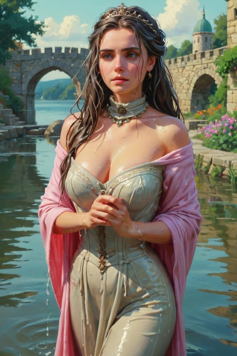 feforrest, otoko no ko, beret, pink capelet,(Analog style),turtleneck, masterpiece, best quality, ((wet robe)), choker,(corset), stone bridge, lake,crown, white ((wet ornate ballgown)), windswept amazing wet long hair,4k,( bokeh),absurdres, professional majestic oil painting by Ed Blinkey, Atey Ghailan, Studio Ghibli, by Jeremy Mann, Greg Manchess, Antonio Moro, trending on ArtStation, trending on CGSociety, trending on deviantart, Intricate, High Detail, Sharp focus, dramatic, photorealistic painting art , Greg Rutkowski,(concept art from tangled),((beautiful faces, soakingwetclothes, wet clothes, wet hair, wet skin, :1.3)),soakingwetclothes,, wet skin, wet face, wet robe,, face focused
,soakingwetclothes,art_booster,indian,OnlySaree_Style,saree,saree influencer