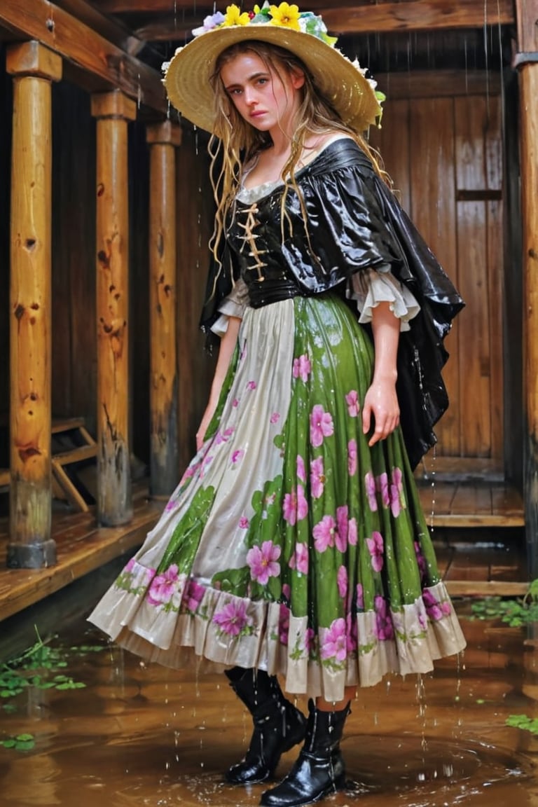 An concept art of an ethereal wet irish alchemist , portrait of a beautiful woman. .A wet girl wearing a wet floral dress, a flowered hat, long wet mediaval cape. Capturing the essence of Manet's 'Spring', dripping wet hair, ,Masterpiece,Half-timbered Construction,, wet skin, wet face, wet heavy longskirt, boots,  .
(masterpiece, top quality, best quality, official art, beautiful and aesthetic:1.2), extreme detailed, highest detailed, ,Masterpiece,Color Booster,wet hair, wet heavy longskirt, boots, wet robe, layered longskirt, face focused
,soakingwetclothes,art_booster,wagasa,oil-paper,score_9,oil paint 