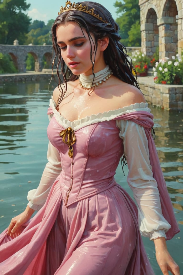 feforrest, otoko no ko, beret, pink capelet,(Analog style),turtleneck, masterpiece, best quality, ((wet robe)), choker,(corset), stone bridge, lake,crown, white ((wet ornate ballgown)), windswept amazing wet long hair,4k,( bokeh),absurdres, professional majestic oil painting by Ed Blinkey, Atey Ghailan, Studio Ghibli, by Jeremy Mann, Greg Manchess, Antonio Moro, trending on ArtStation, trending on CGSociety, trending on deviantart, Intricate, High Detail, Sharp focus, dramatic, photorealistic painting art , Greg Rutkowski,(concept art from tangled),((beautiful faces, soakingwetclothes, wet clothes, wet hair, wet skin, submerged in water,  :1.3)),soakingwetclothes,, wet skin, wet face, wet robe,, face focused
,soakingwetclothes,art_booster,indian,OnlySaree_Style,saree,saree influencer,hoopdress