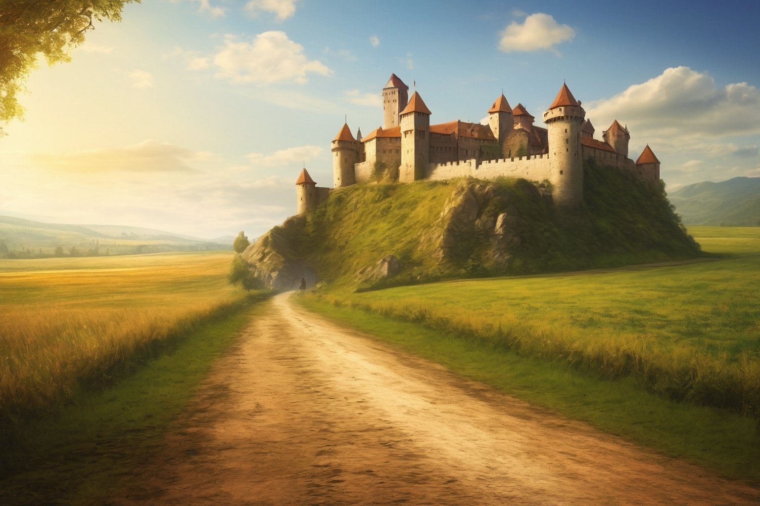 Medieval Castle, dirt road leading to castle, ground view, distance view, photo realistic