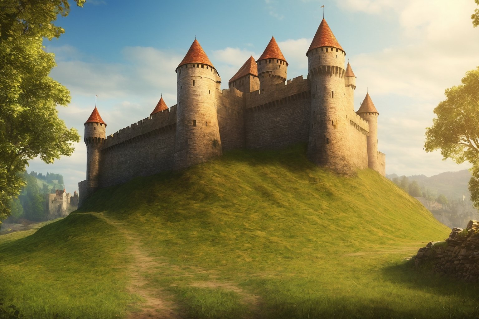 Medieval Castle, ground view, distance view, photo realistic