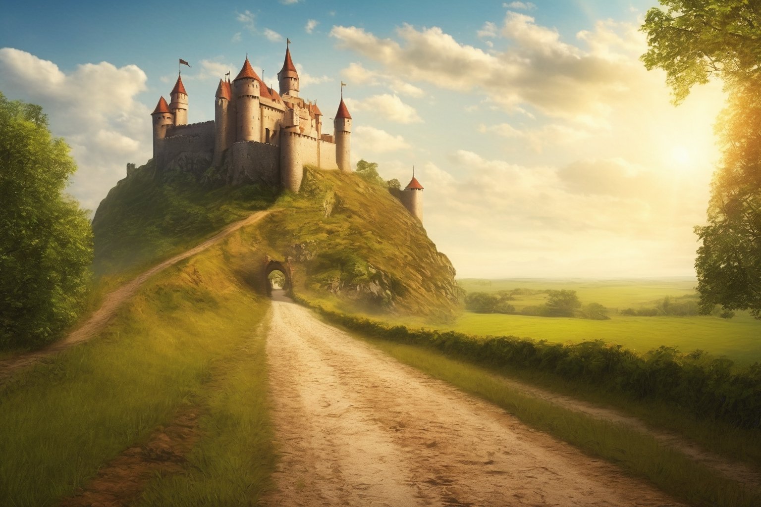 Medieval Castle, dirt road leading to castle, ground view, distance view, photo realistic